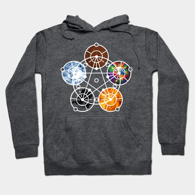 Five Elements Pentagram, Earth, Fire, Wind, Water, Spirit Hoodie by Weird Lines